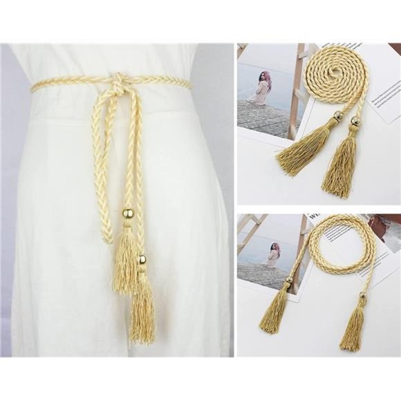 Women Girls Braided Knotted Waist Belt Skinny Color Rope Exotic Chain Tassel main image 5